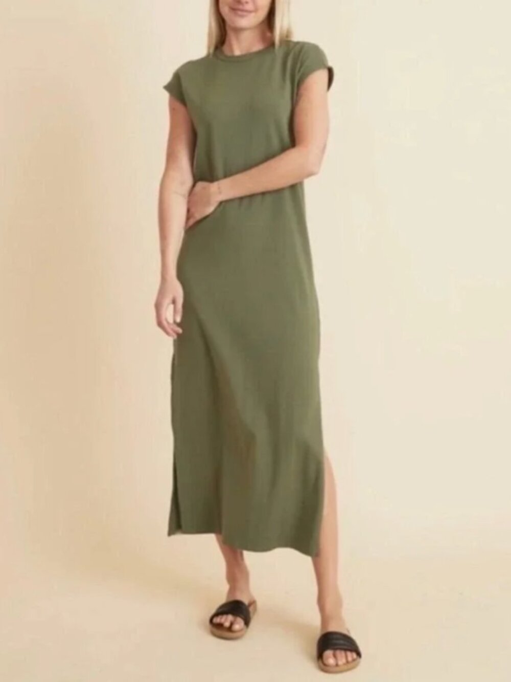 MARINE LAYER Taylor Maxi Dress Olive Green Cap Sleeve Side Slit XS